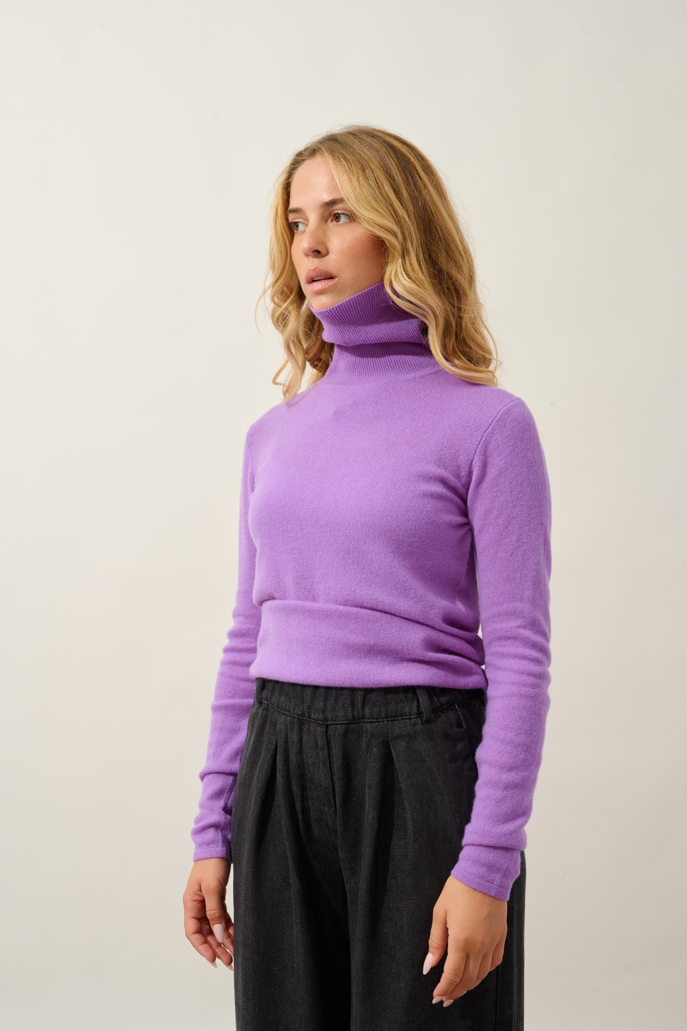 bise pull col roulé lilas 100% cachemire