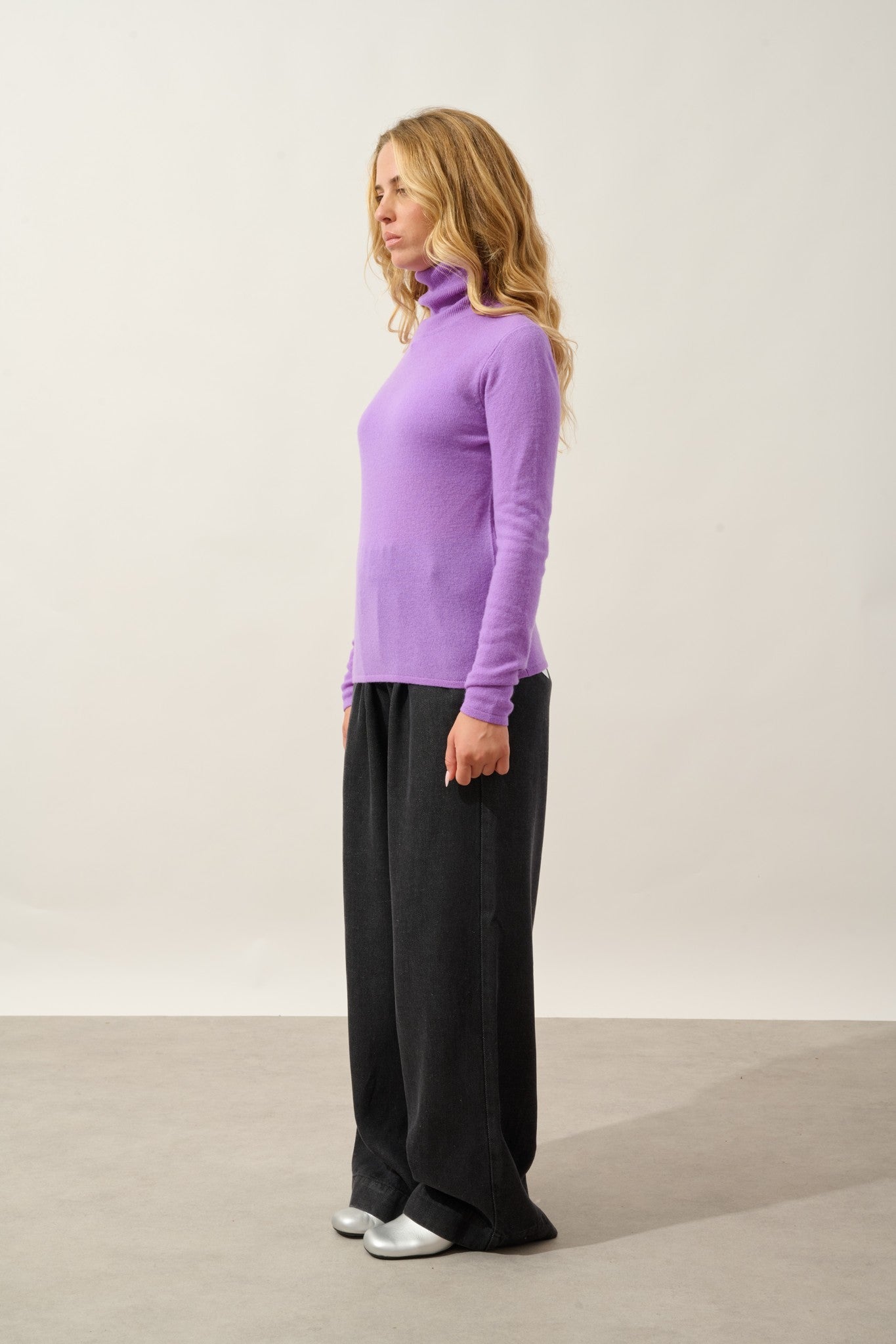 bise pull col roulé lilas 100% cachemire