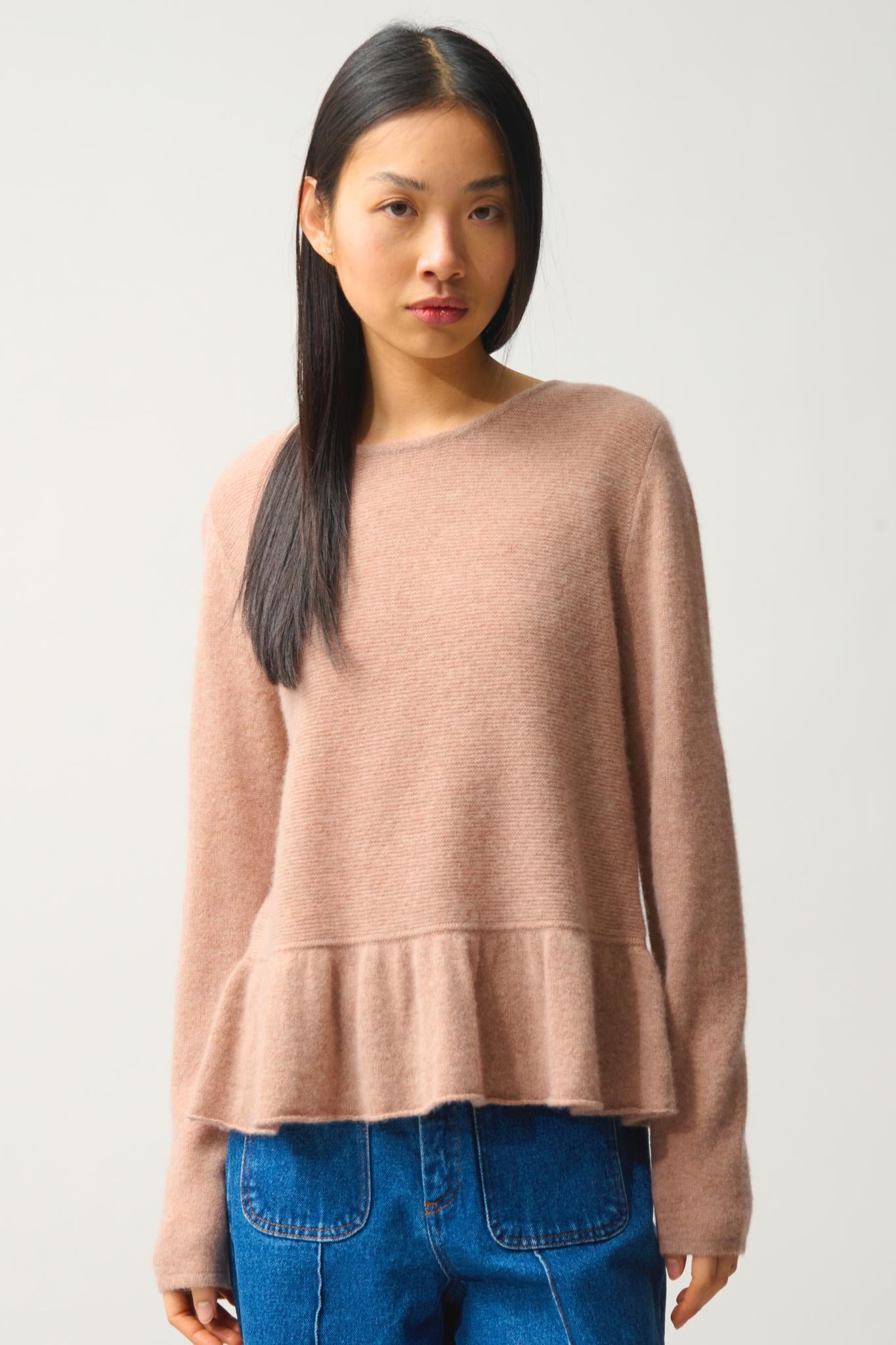 CADAIR Pullover Rundhalsausschnitt Rüschenstrumpf camel meliert 100% Kaschmir