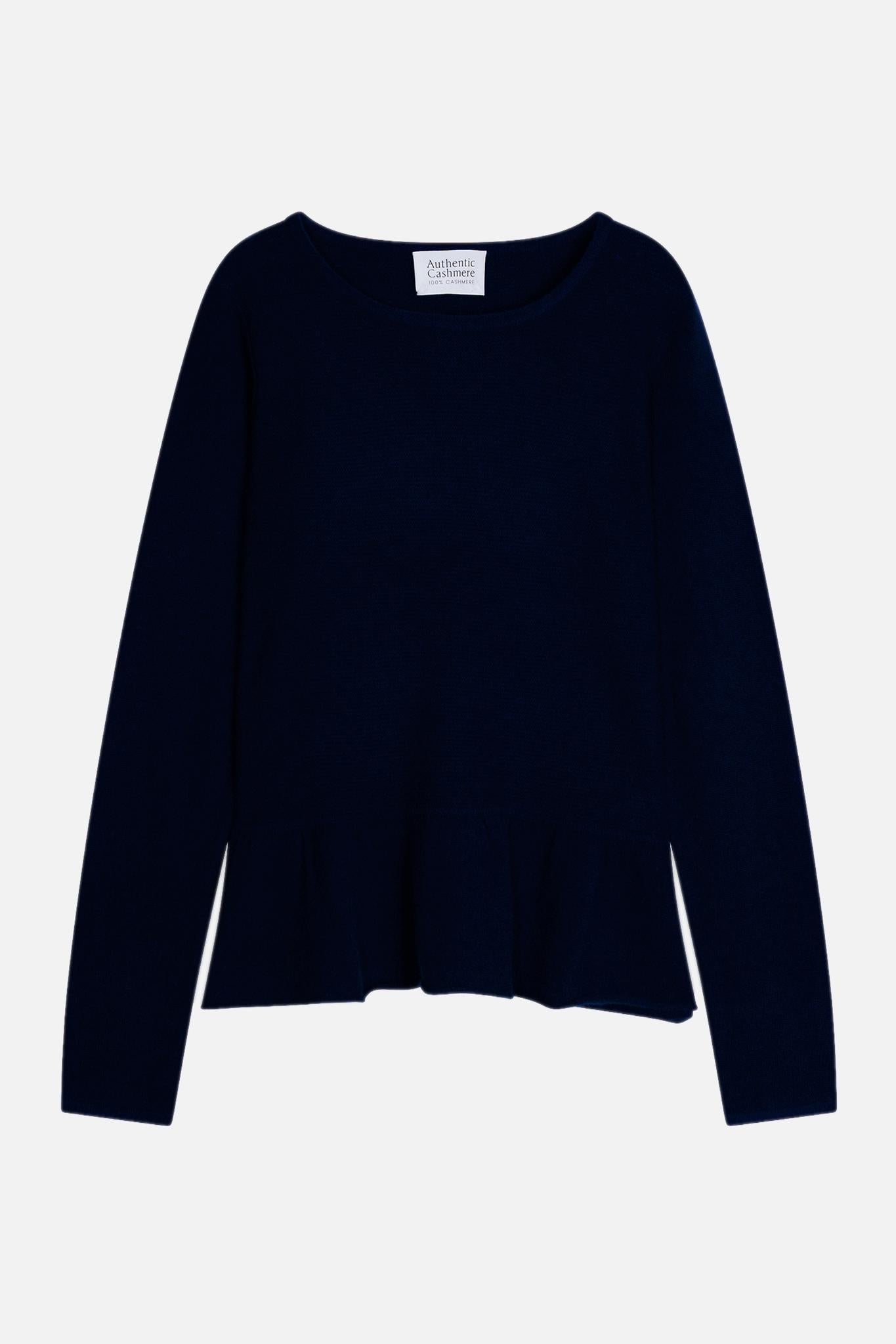 CADAIR navy 100% cashmere round-neck sweater with ruffled bottom