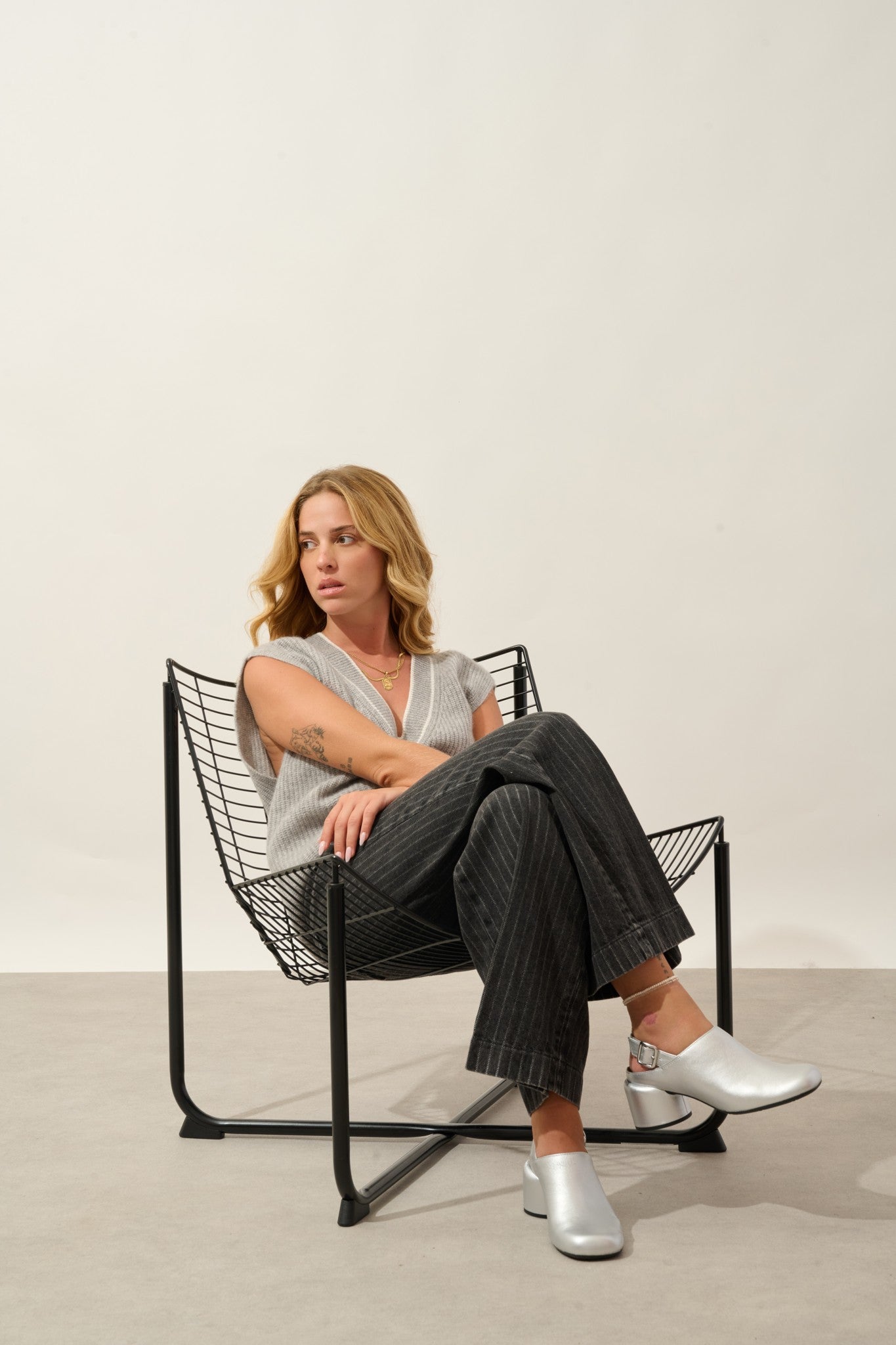 cami pull col v sans manches 4 fils bi-color nuage chiné_ivoire 100% cachemire