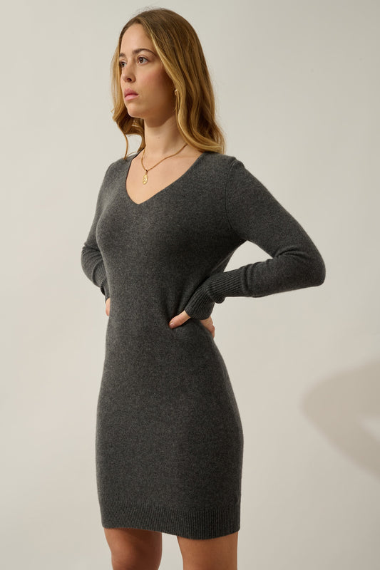 CAPELET robe col v anthracite chiné 100% cachemire