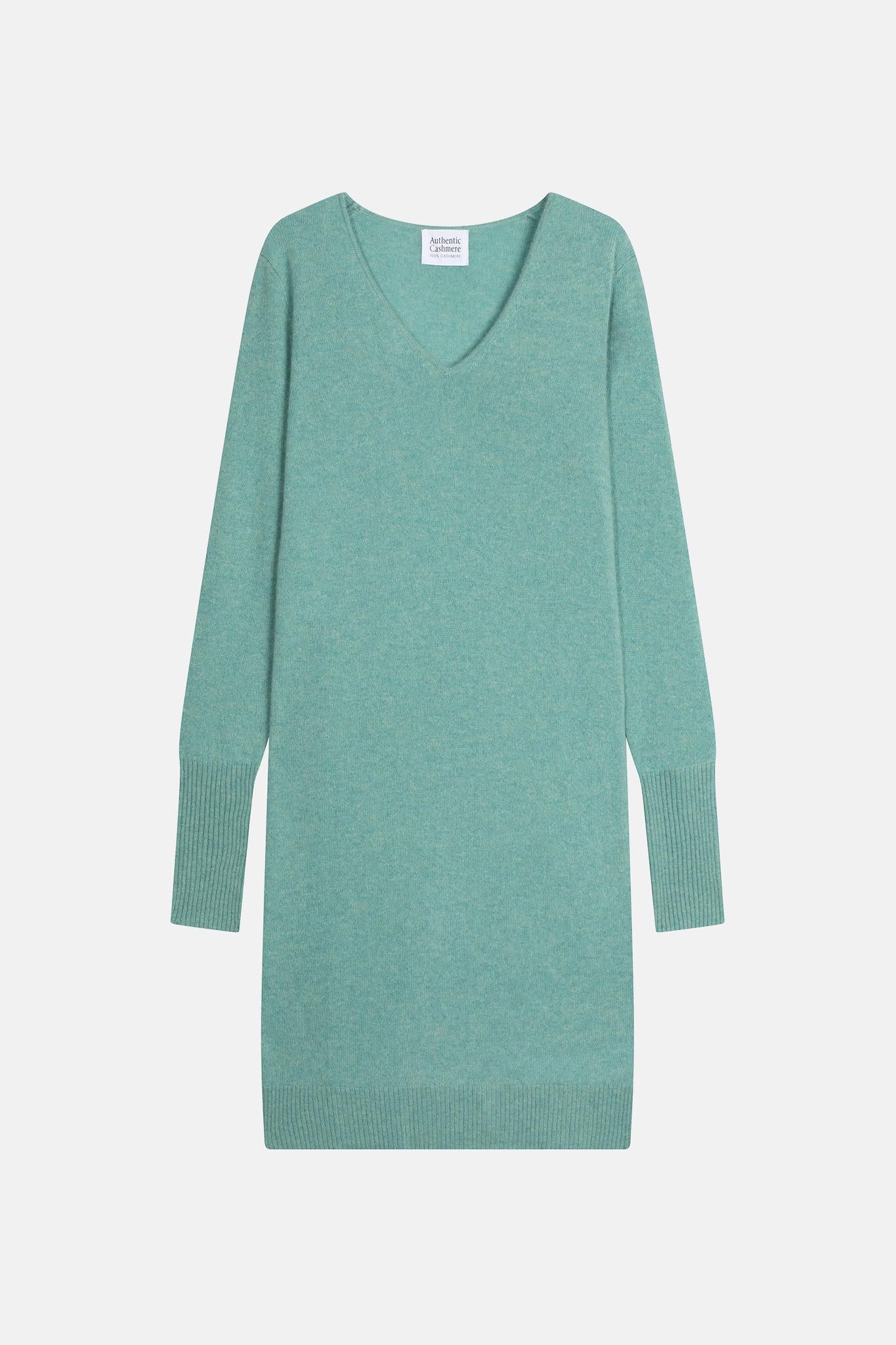 CAPELET robe col v vert chiné 100% cachemire