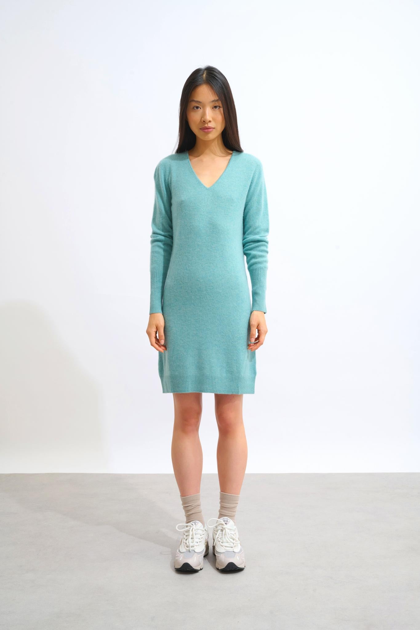 CAPELET robe col v vert chiné 100% cachemire