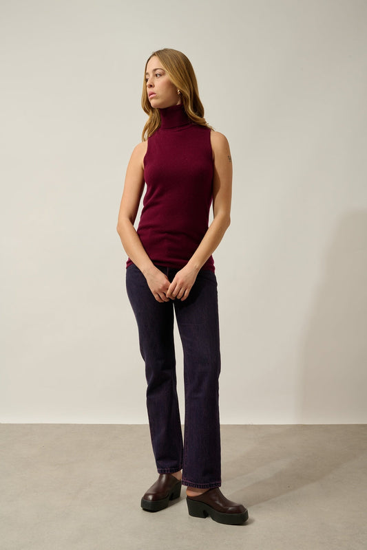 CAPUCIN burgundy sleeveless turtleneck sweater 100% cashmere