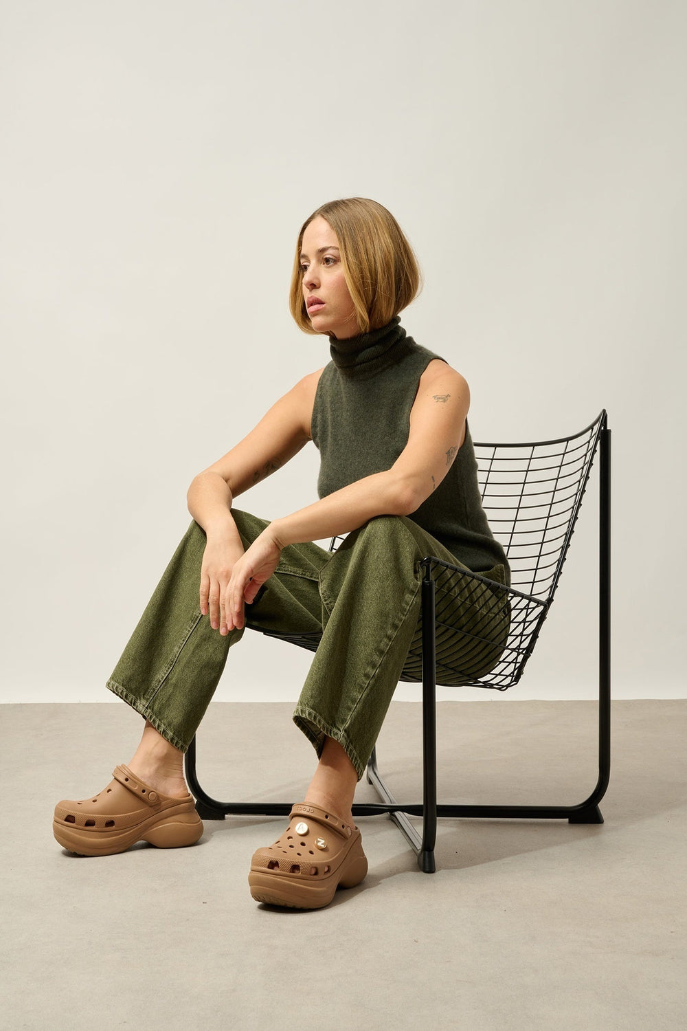 CAPUCIN khaki mottled sleeveless turtleneck sweater 100% cashmere