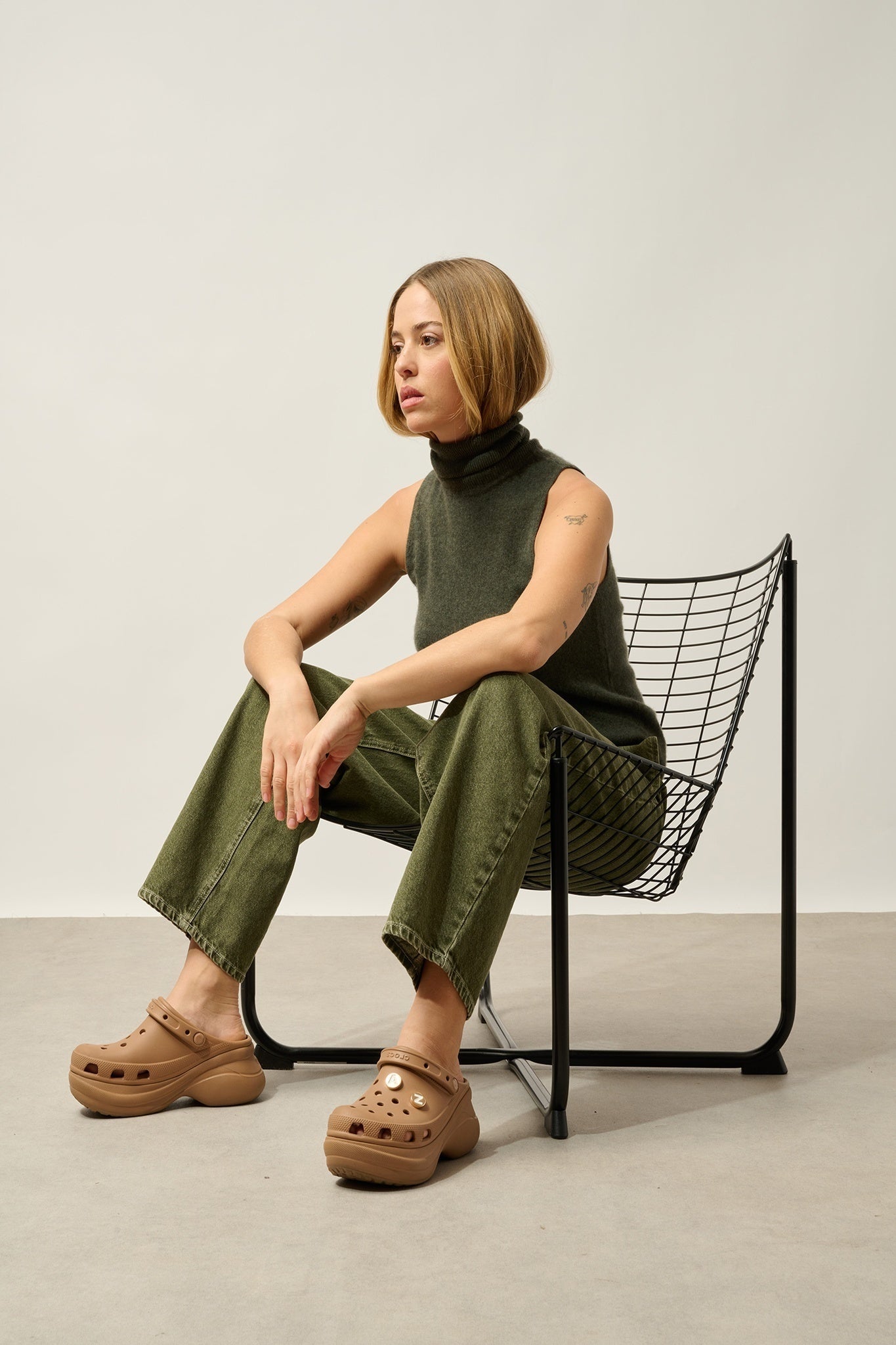 CAPUCIN khaki mottled sleeveless turtleneck sweater 100% cashmere