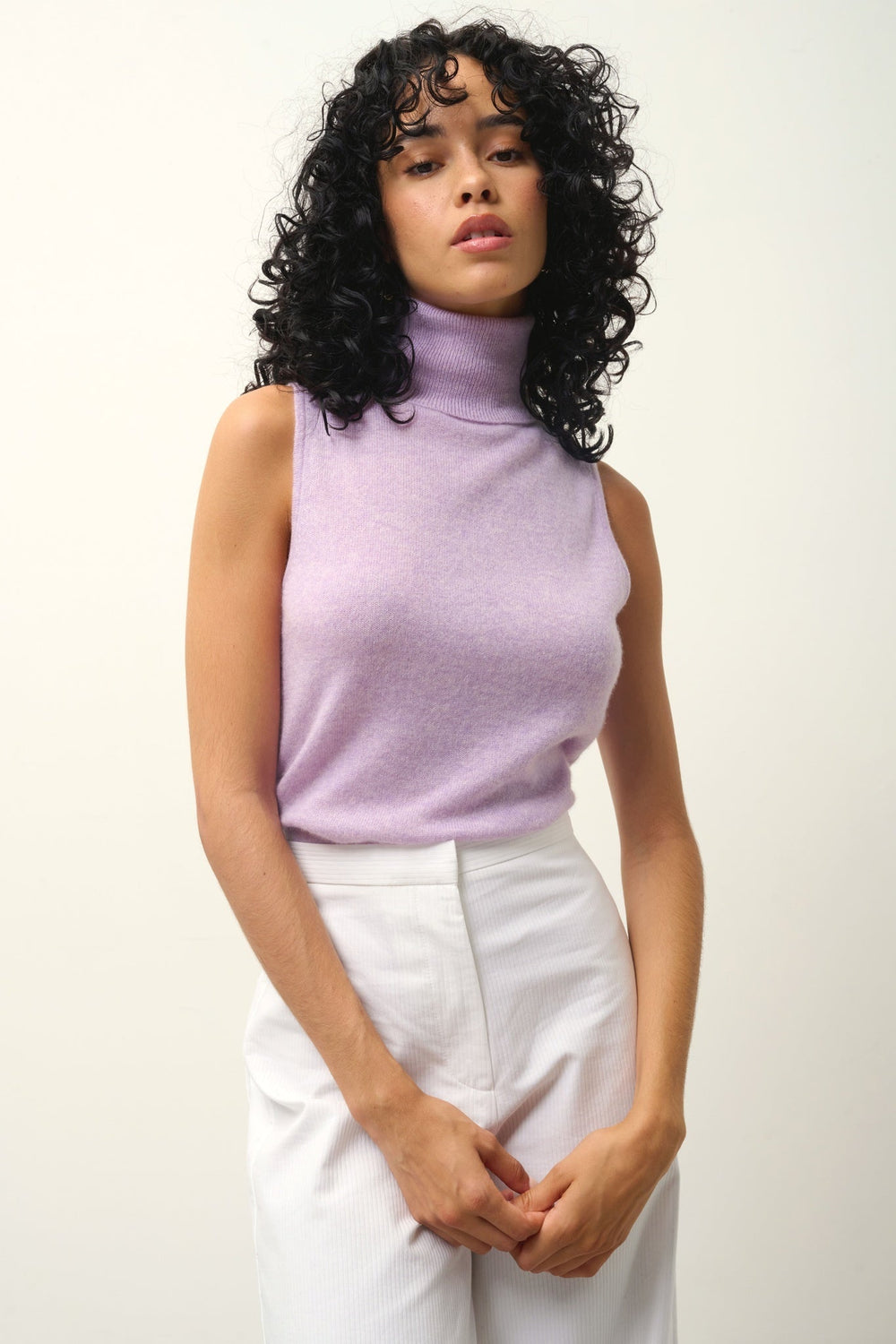 CAPUCIN pull col roulé sans manches mauve chiné 100% cachemire