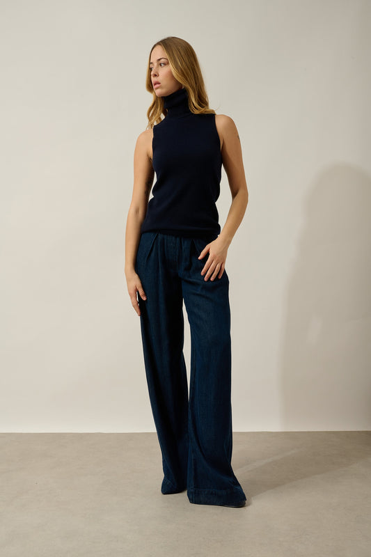 CAPUCIN pull col roulé sans manches navy 100% cachemire