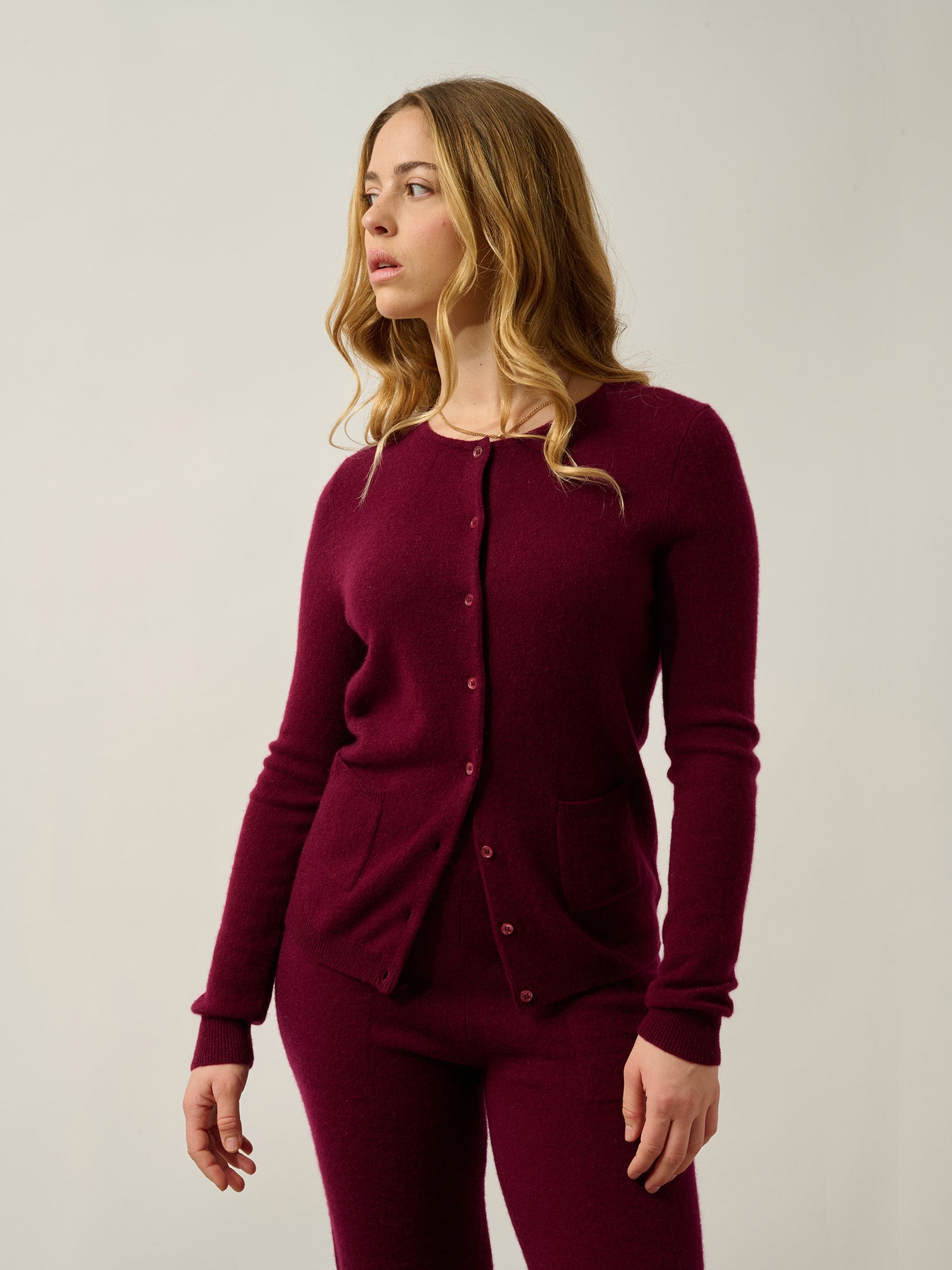 CARON Burgunder Rundhals-Cardigan 100% Kaschmir
