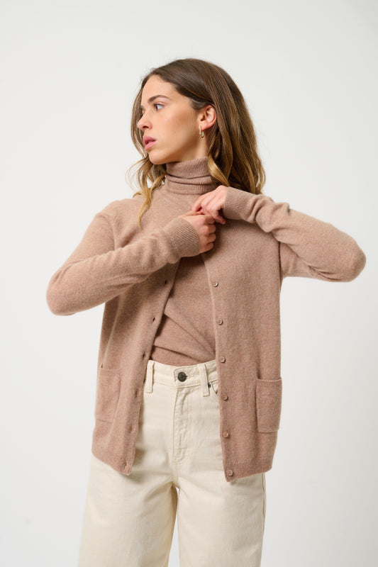 CARON cardigan col rond camel chiné 100% cachemire