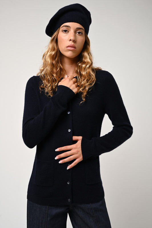 CARON cardigan col rond navy 100% cachemire