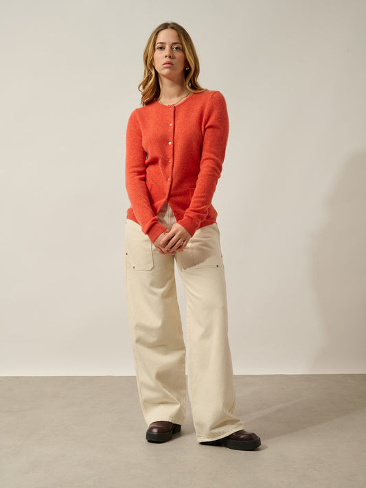 CARON round-neck cardigan in orange heather, 100% cashmere