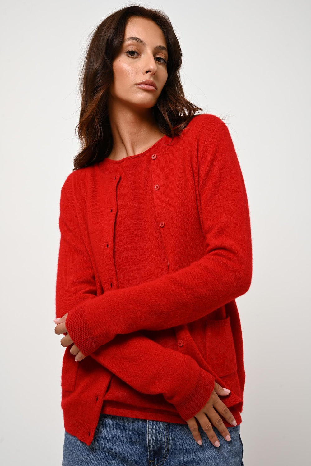 CARON cardigan col rond rouge 100% cachemire