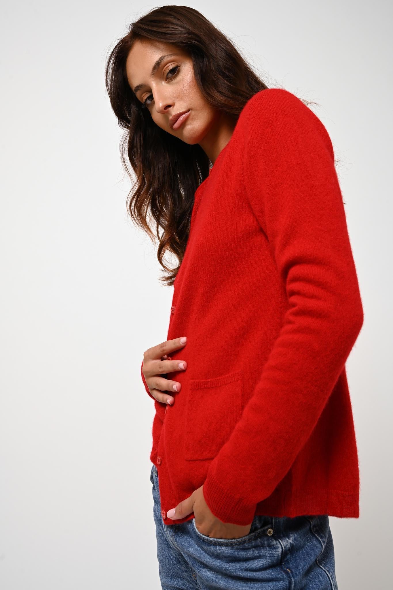 CARON cardigan col rond rouge 100% cachemire