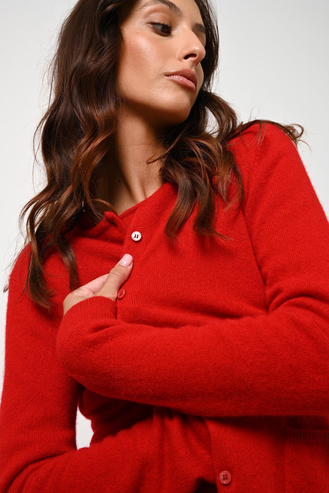 CARON red round neck cardigan 100% cashmere