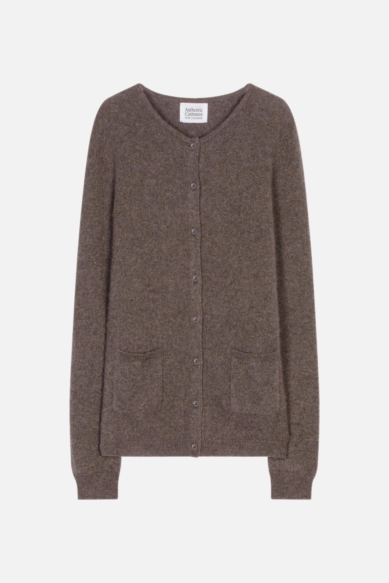 CARON Rundhals-Cardigan in meliertem Taupe, 100 % Kaschmir