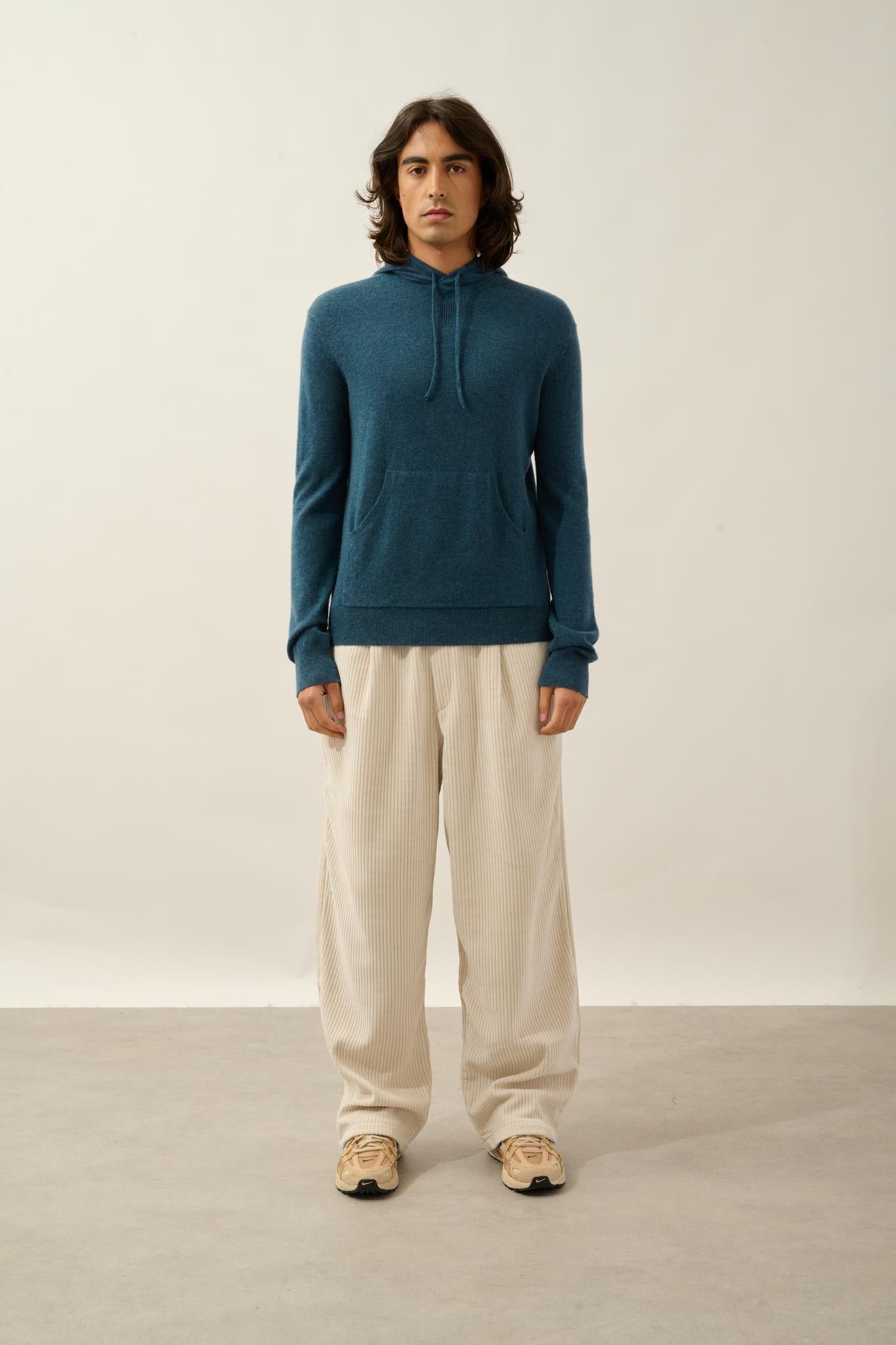 CASPER pull capuche poche kangourou vert canard chiné 100% cachemire