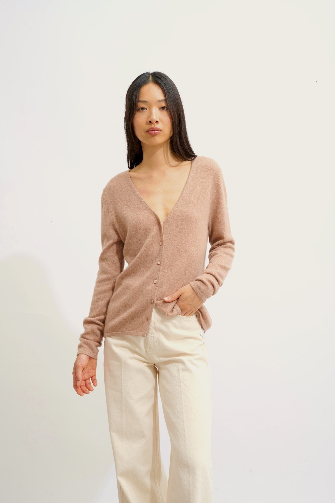 CHALAIS cardigan col v camel chiné 100% cachemire