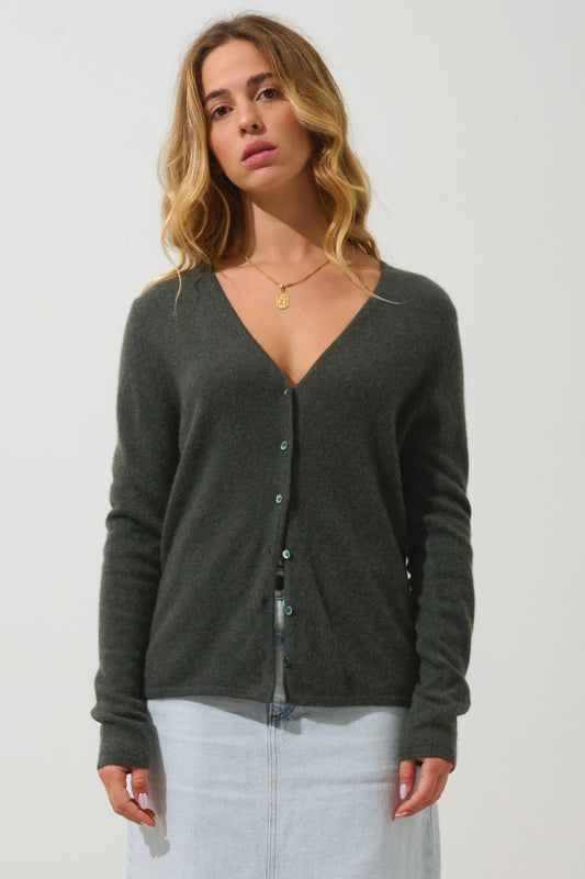CHALAIS cardigan col v kaki chiné 100% cachemire