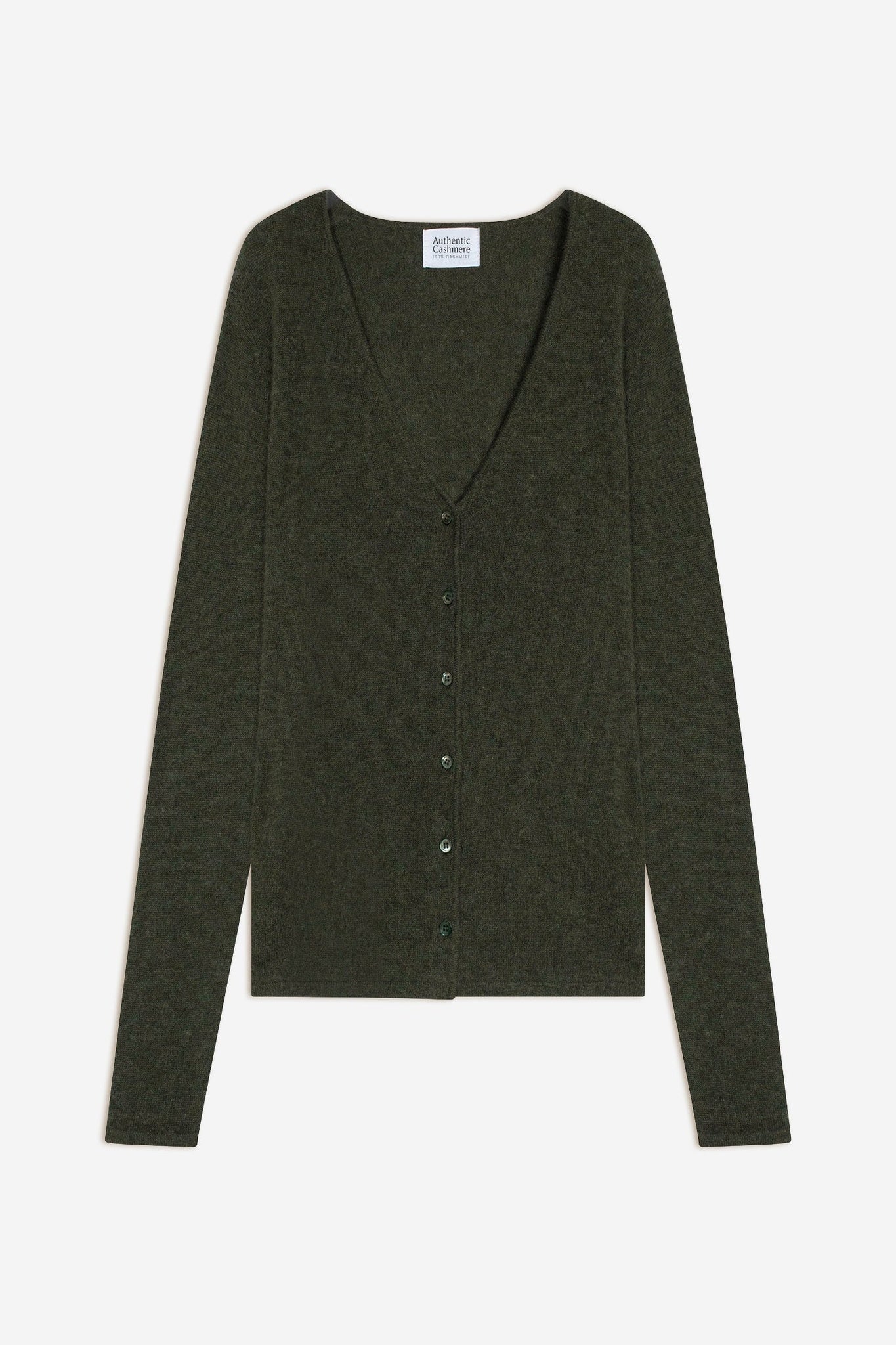 CHALAIS Strickjacke mit V-Ausschnitt khaki meliert 100% Kaschmir