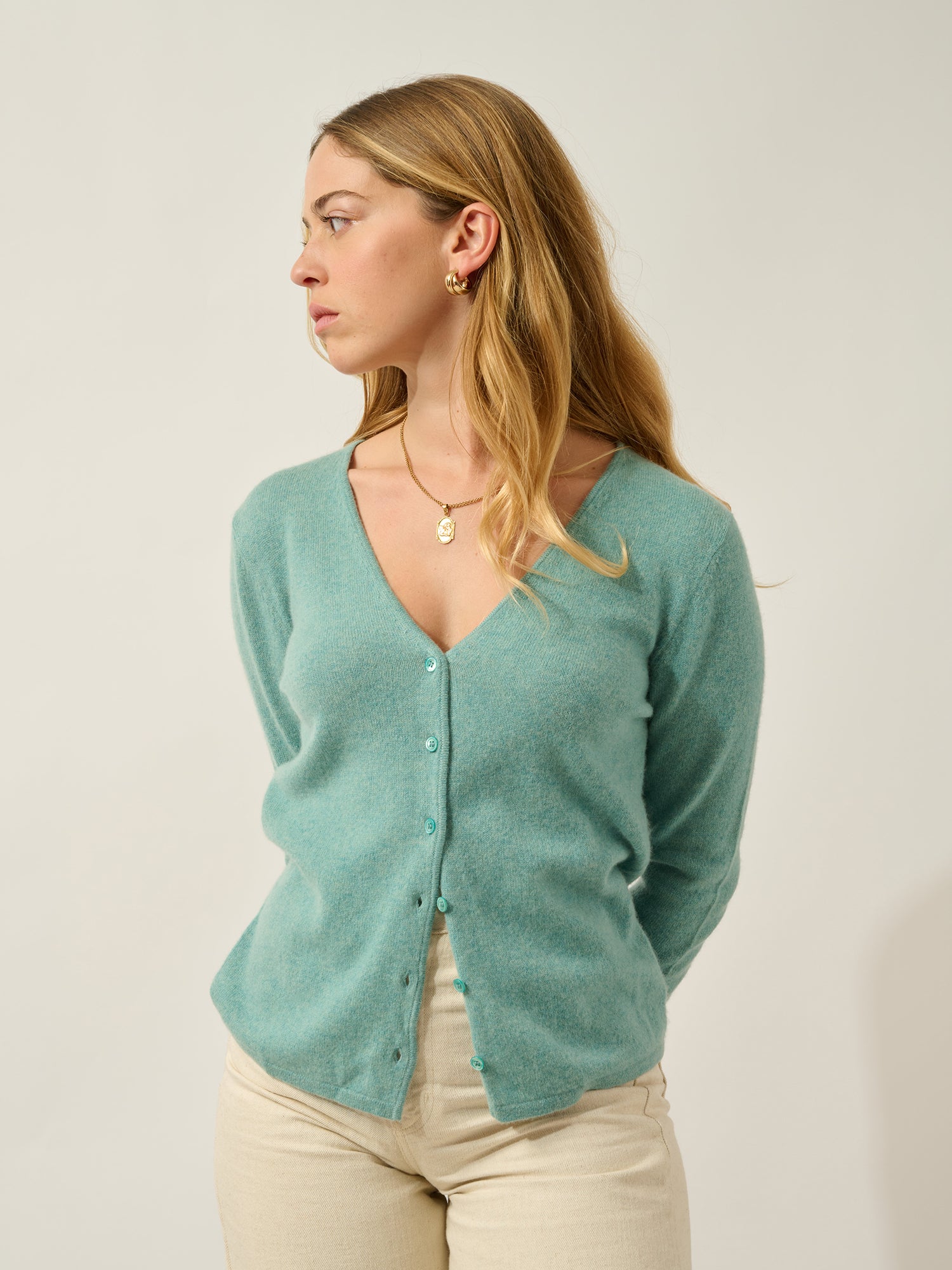 CHALAIS cardigan col v vert chiné 100% cachemire