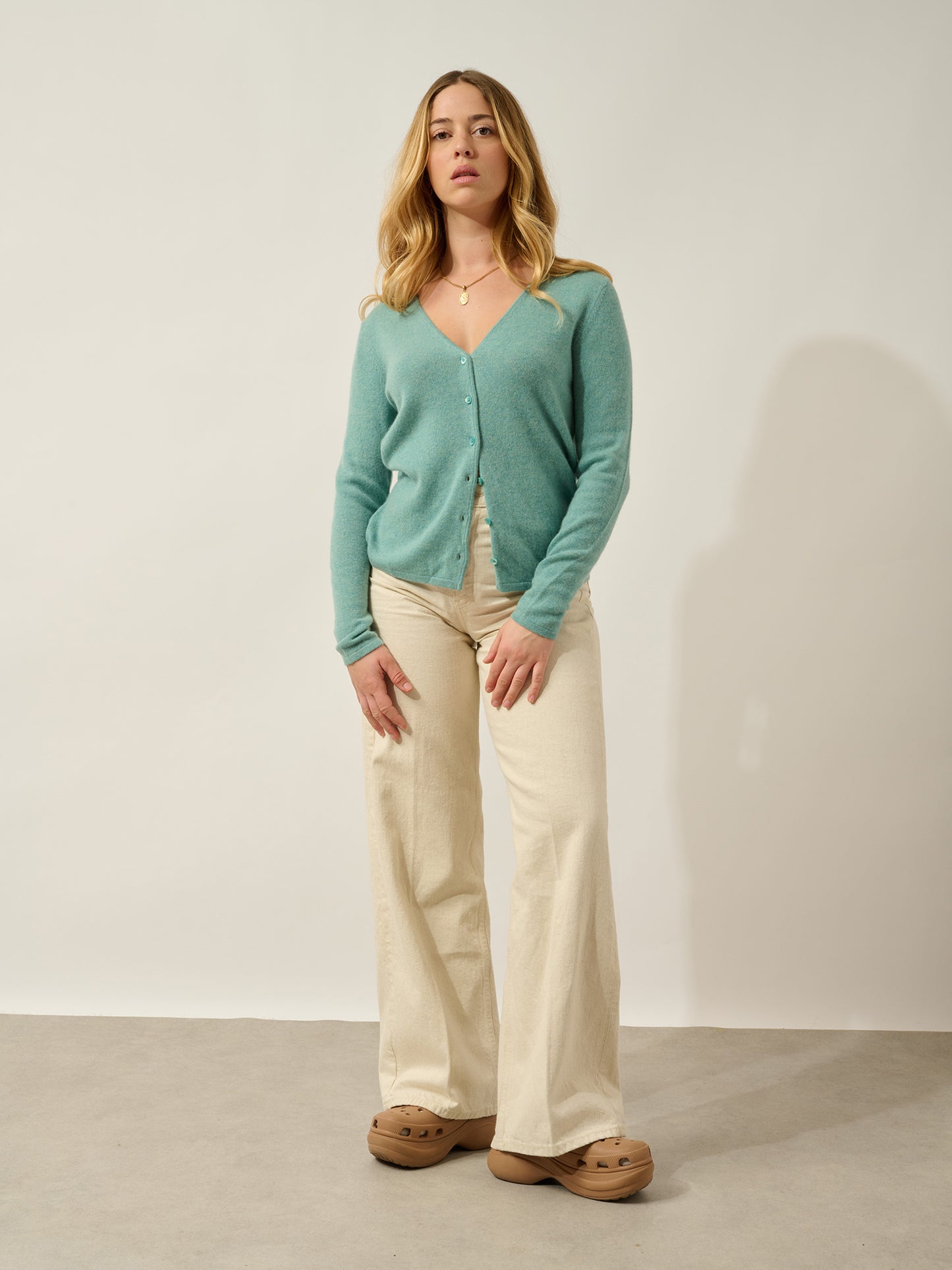 CHALAIS cardigan col v vert chiné 100% cachemire