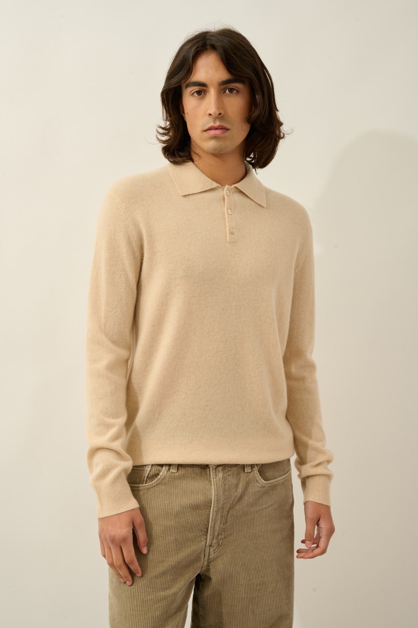 charvet polo manches longues sable 100% cachemire