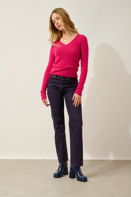 CHELSEA pull col v 4 fils fuchsia 100% cachemire