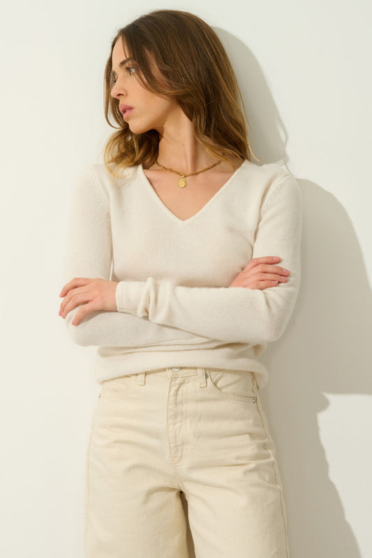 chelsea pull col v 4 fils ivoire 100% cachemire