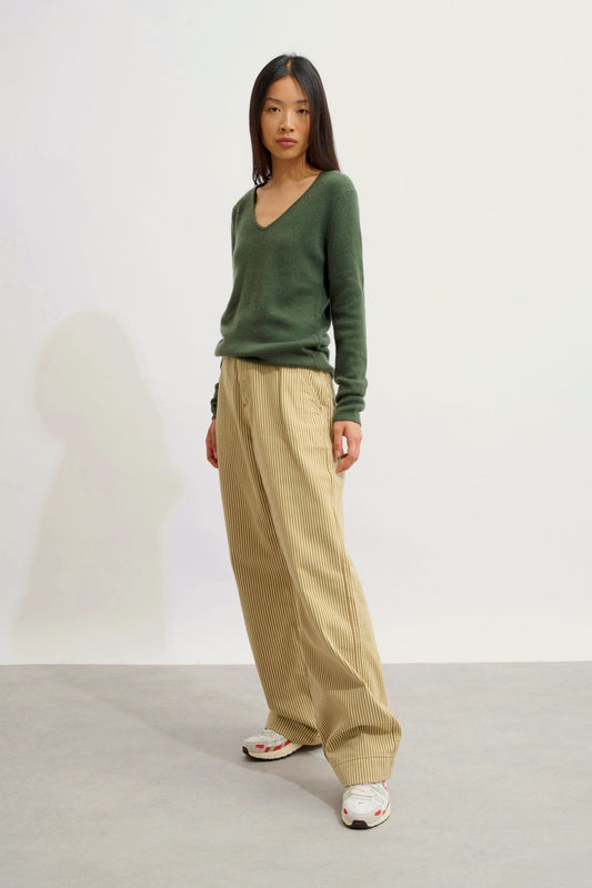 CHELSEA 4-thread khaki v-neck sweater 100% cashmere