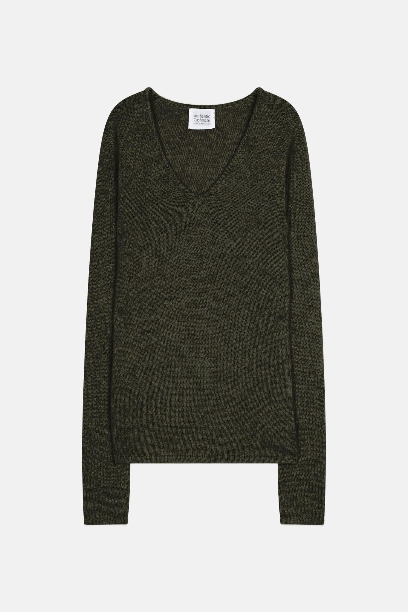 CHELSEA pull col v 4 fils kaki chiné 100% cachemire