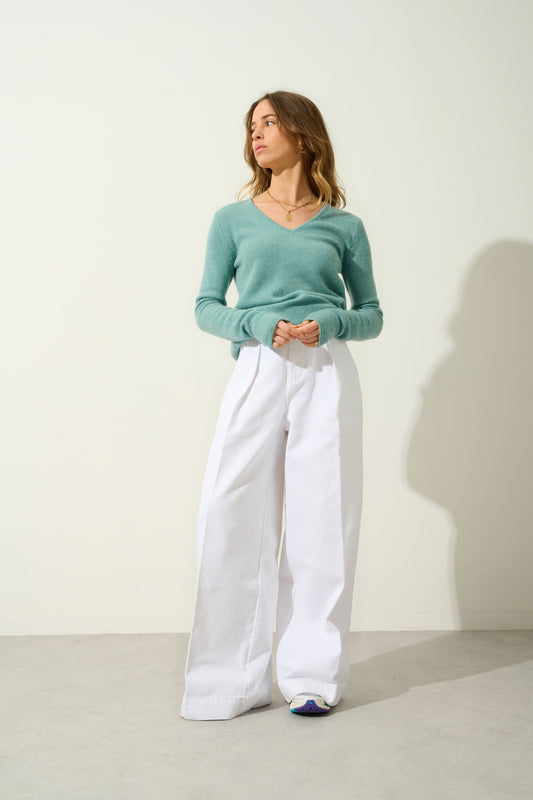 CHELSEA pull col v 4 fils vert chiné 100% cachemire