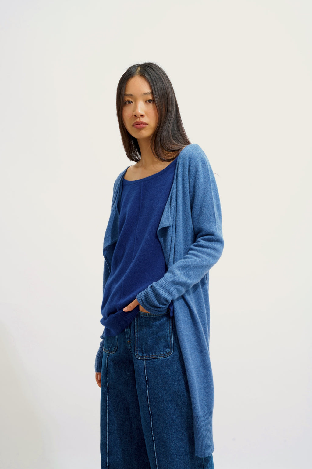 CHÉSERY veste longue bleu denim 100% cachemire