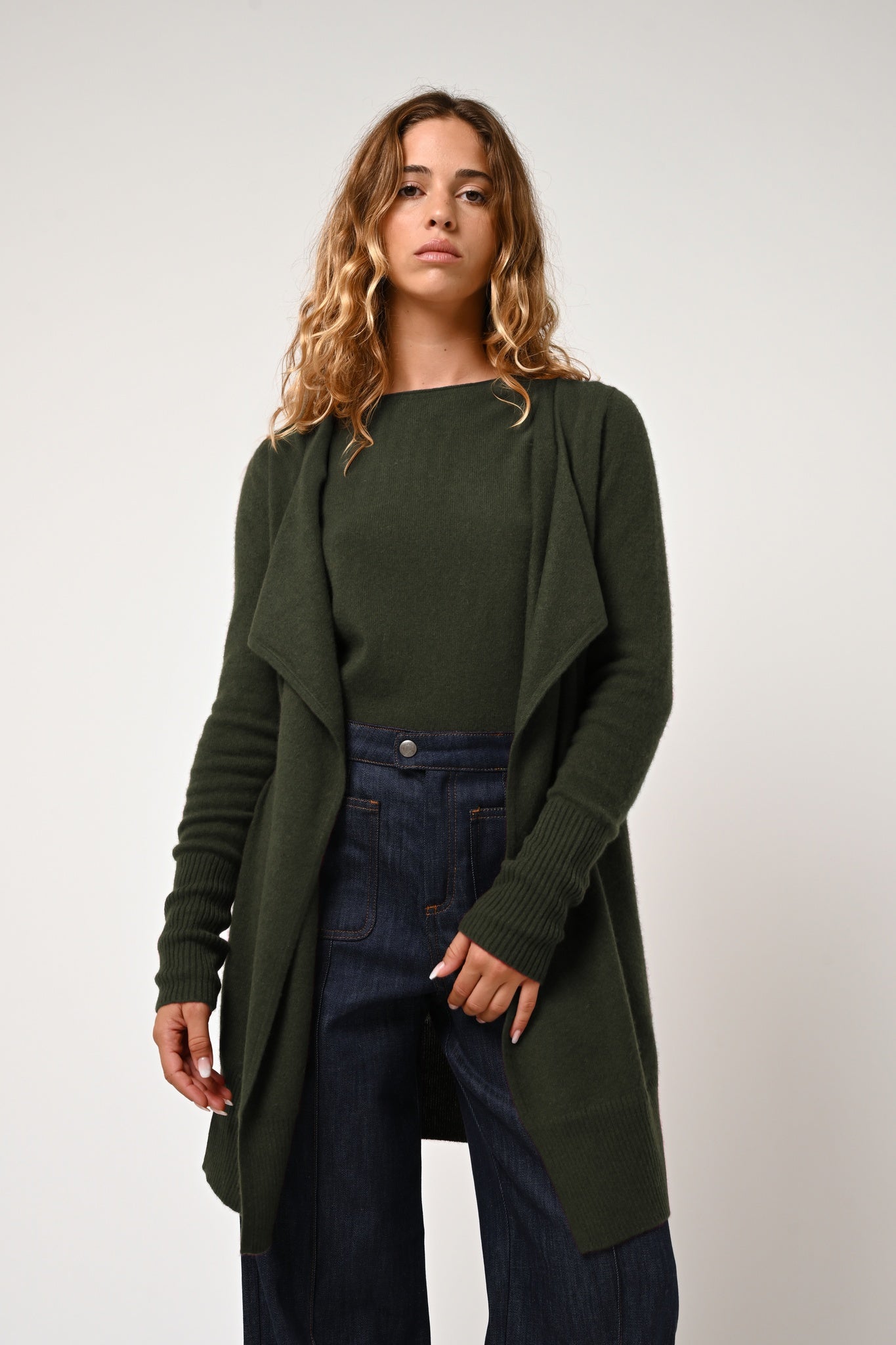CHÉSERY veste longue kaki 100% cachemire