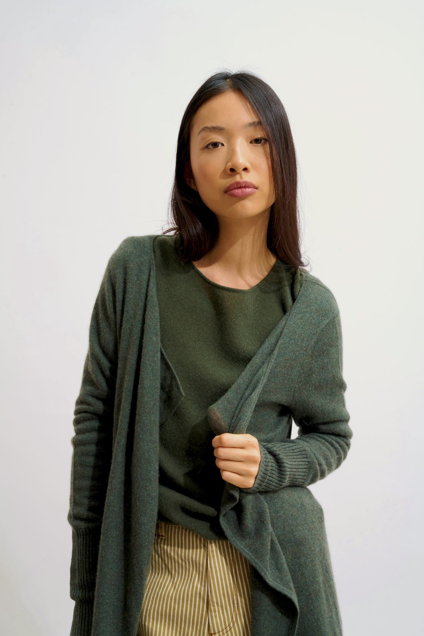 CHÉSERY veste longue kaki chiné 100% cachemire