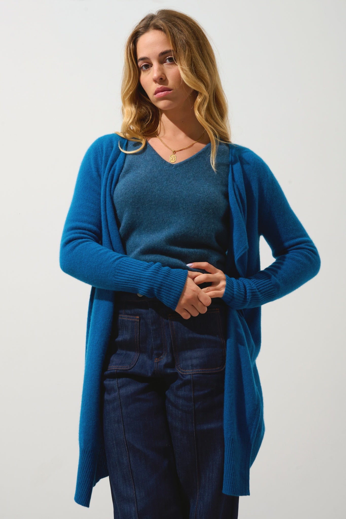 CHÉSERY veste longue paon 100% cachemire