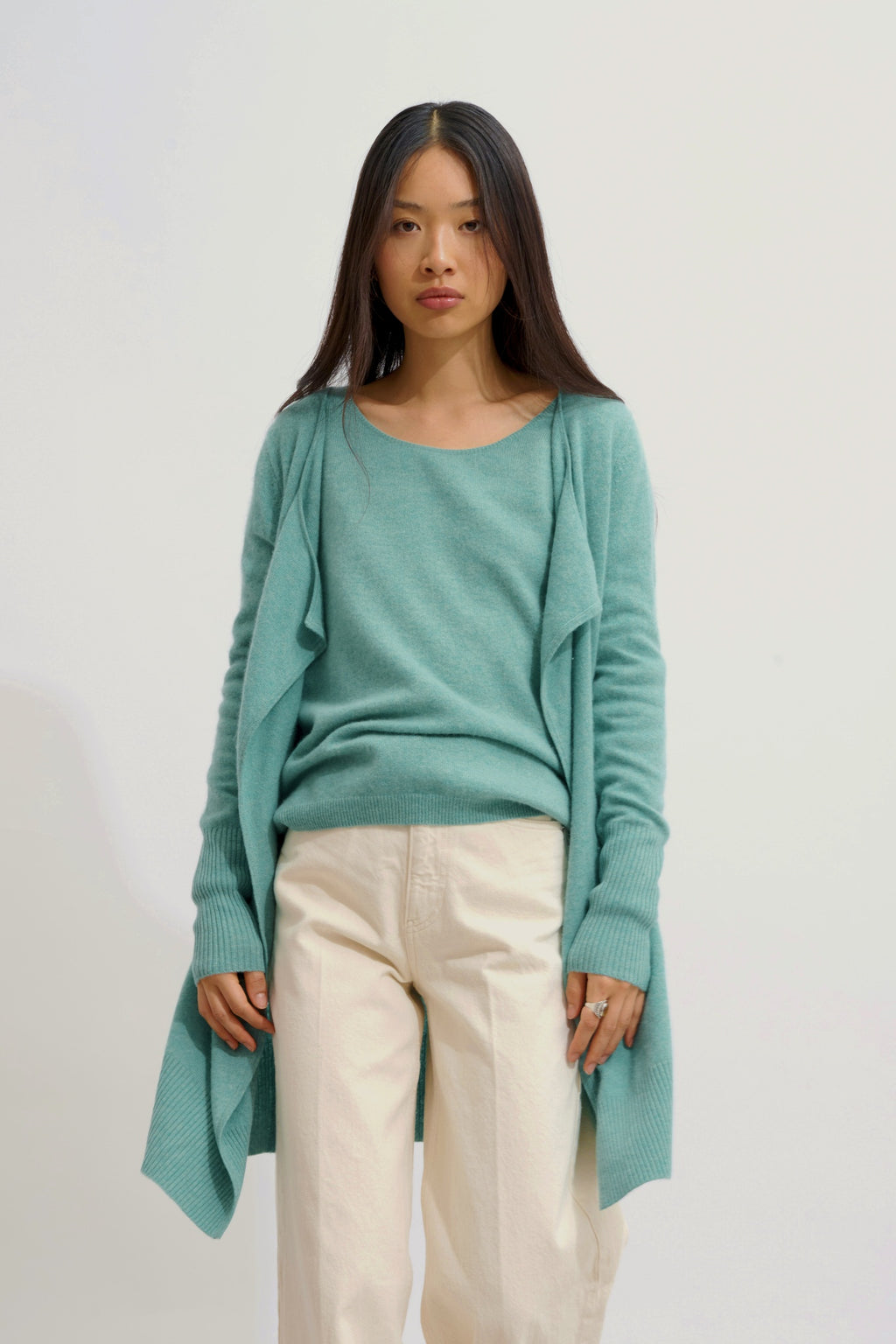 CHÉSERY veste longue vert chiné 100% cachemire