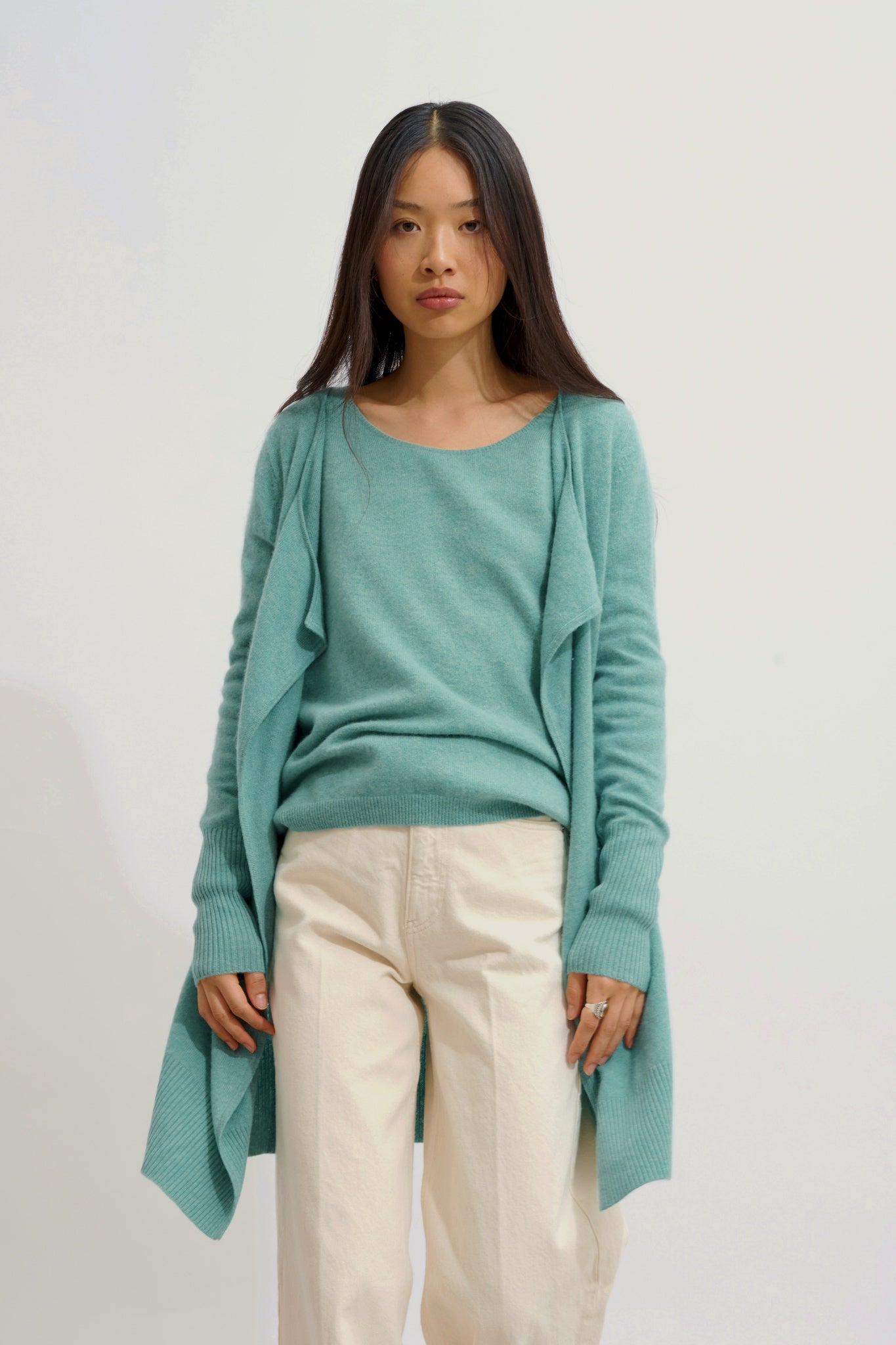 CHÉSERY veste longue vert chiné 100% cachemire