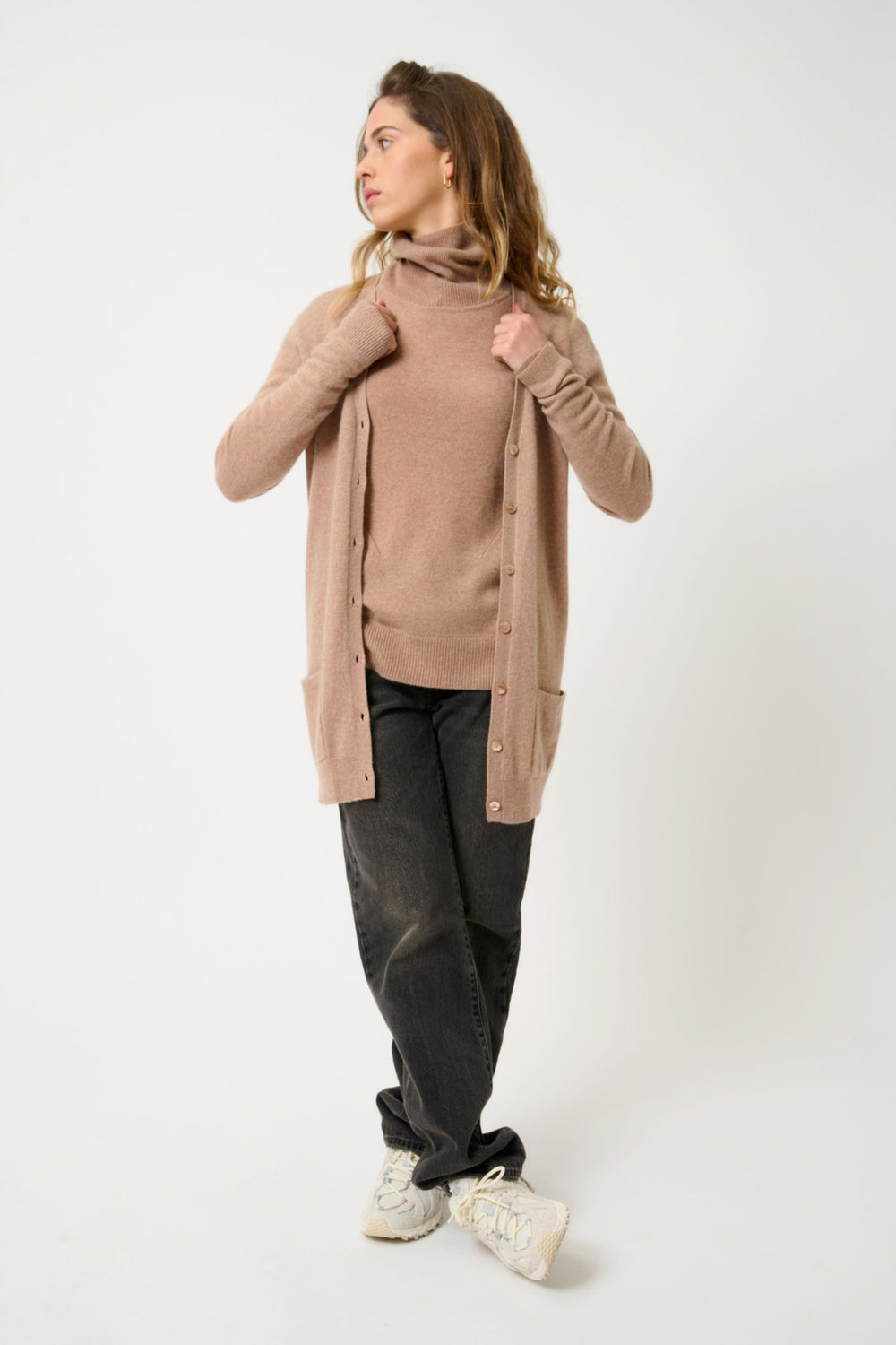 CIMET cardigan col v camel chiné 100% cachemire