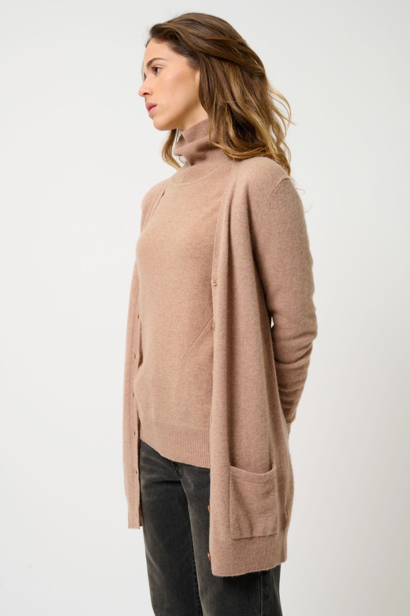 CIMET cardigan col v camel chiné 100% cachemire