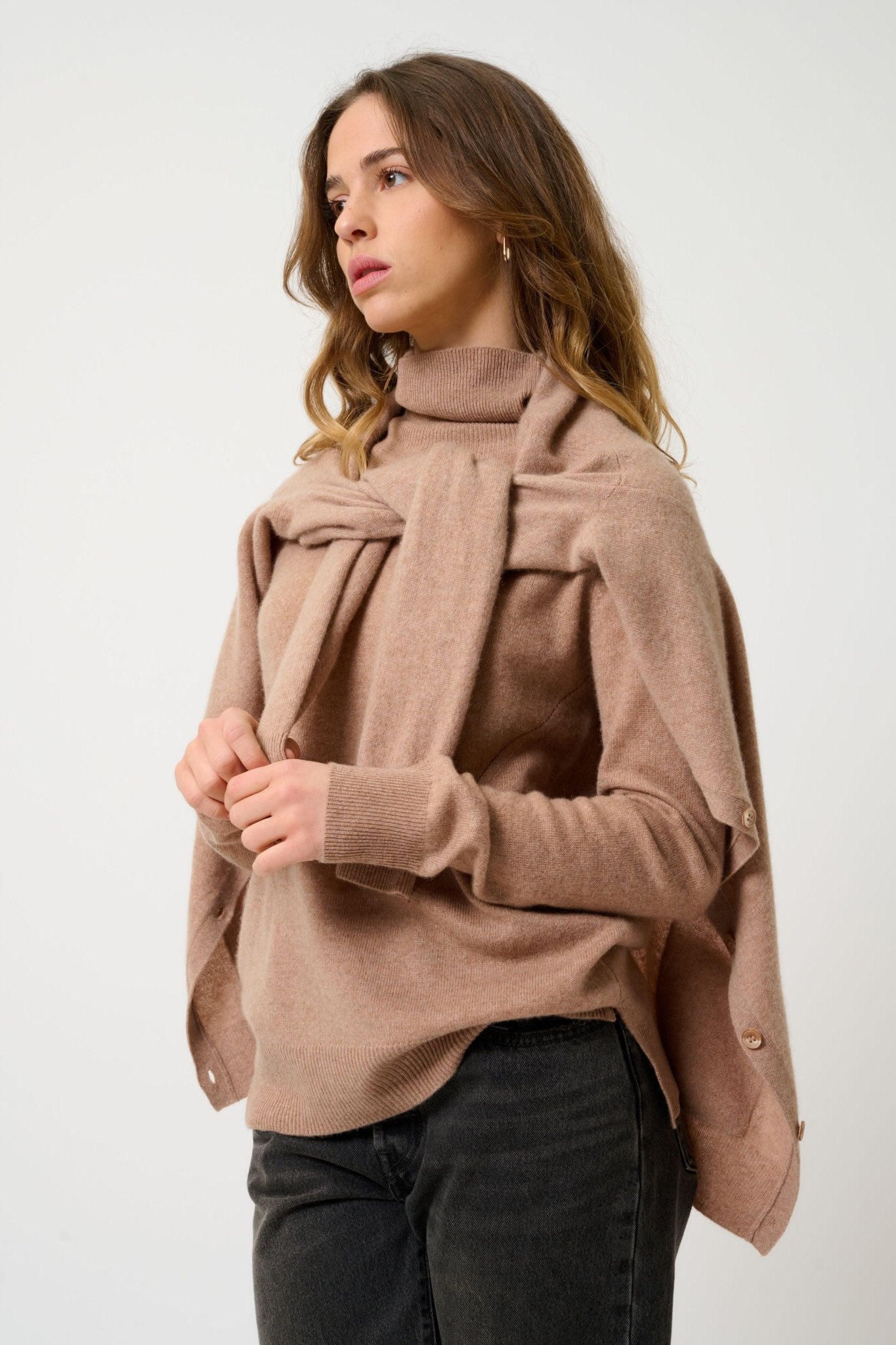 CIMET cardigan col v camel chiné 100% cachemire