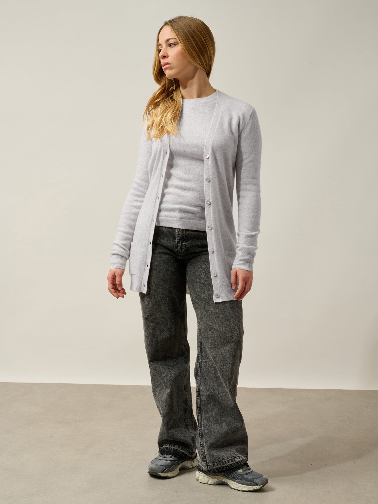 CIMET cardigan col v gris perle chiné 100% cachemire