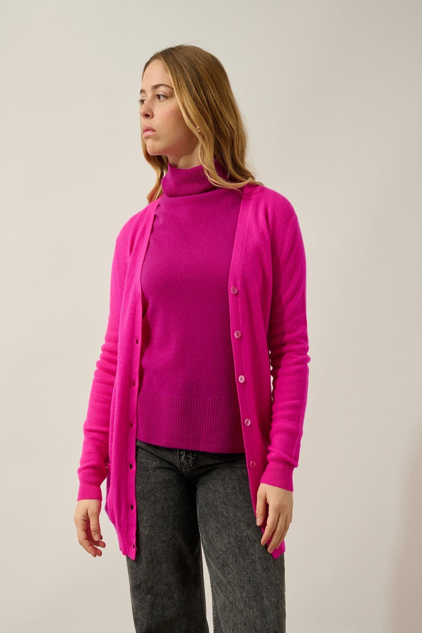 cimet cardigan col v magenta fushia 100% cachemire