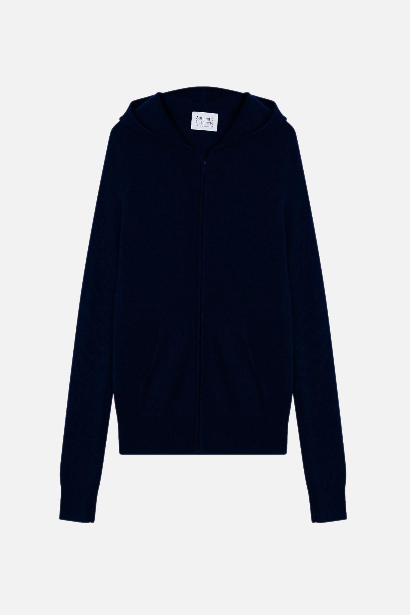 COLOMBIS navy 100% cashmere hooded zip cardigan
