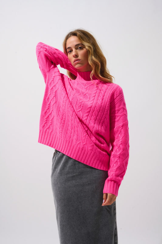 corinne pull col montant 6 fils rose fluo 100% cachemire