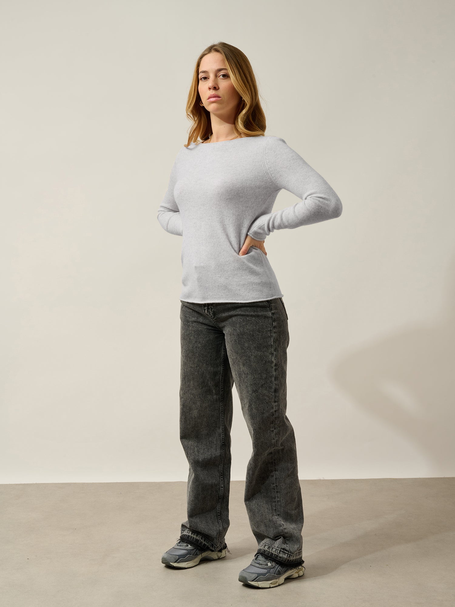 CRIOU pull col bateau gris perle chiné 100% cachemire