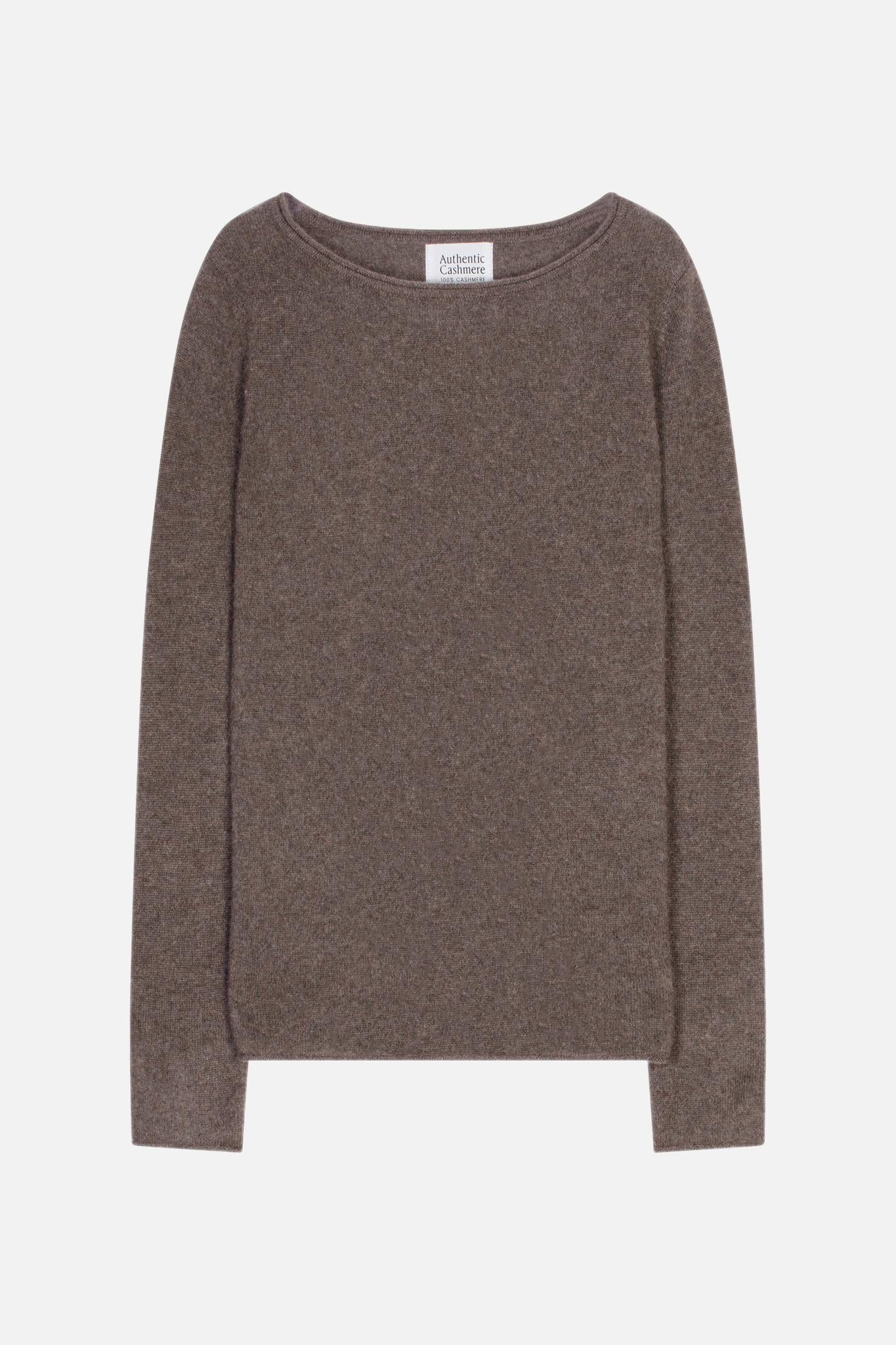 CRIOU Pullover mit U-Boot-Ausschnitt in meliertem Taupe, 100 % Kaschmir