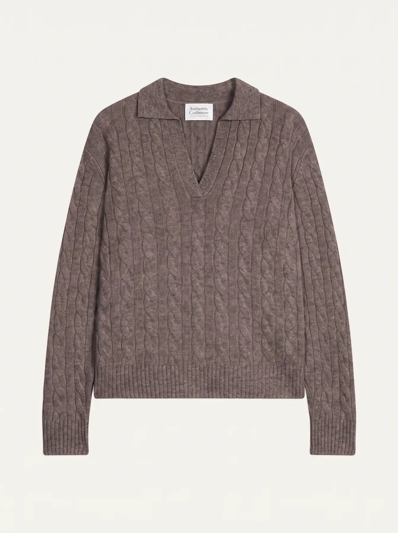 ELYSANDRA Pull Col Polo Ouvert 4 Fils Taupe Chiné