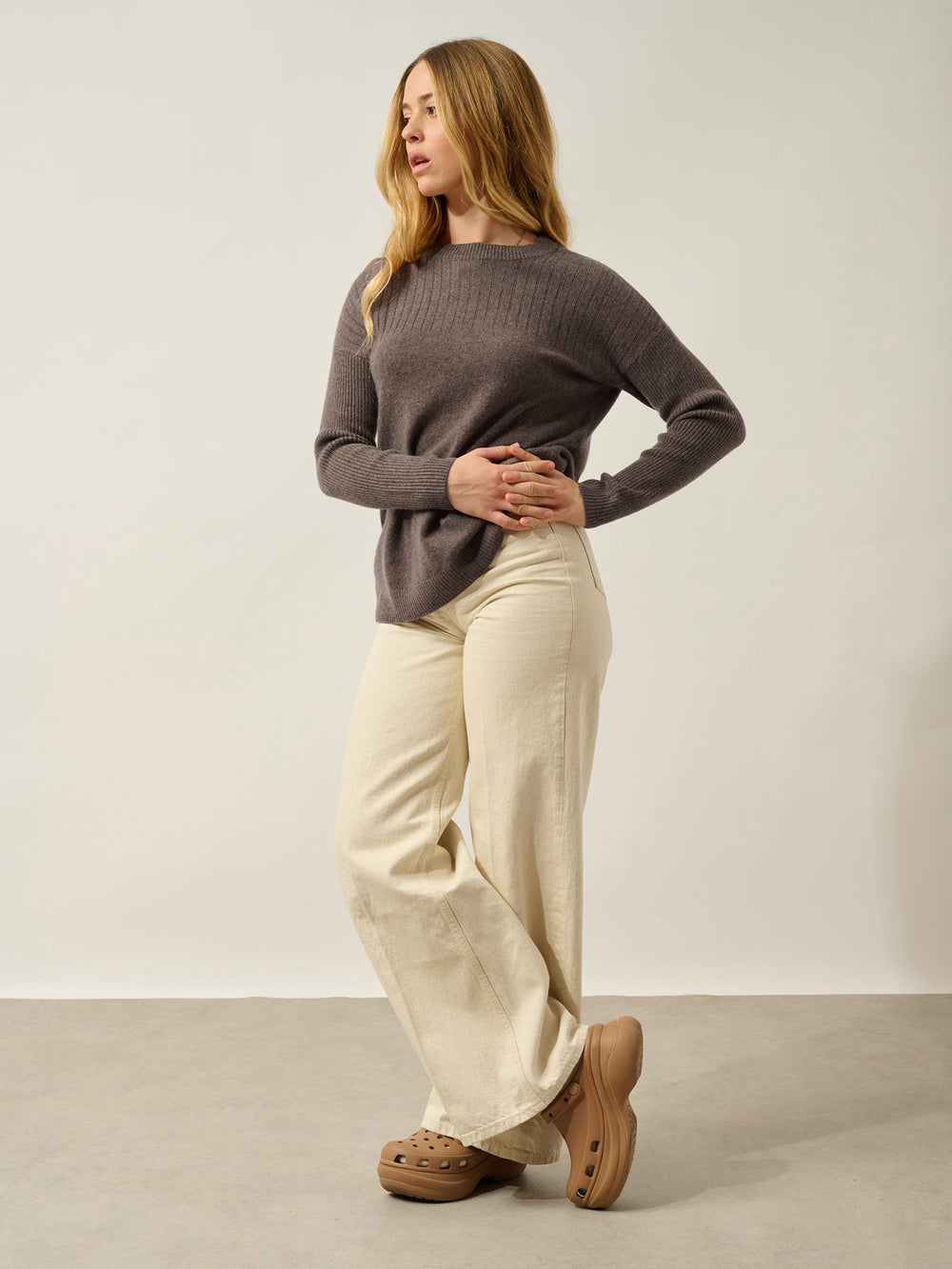DARIA pull col rond taupe chiné 100% cachemire